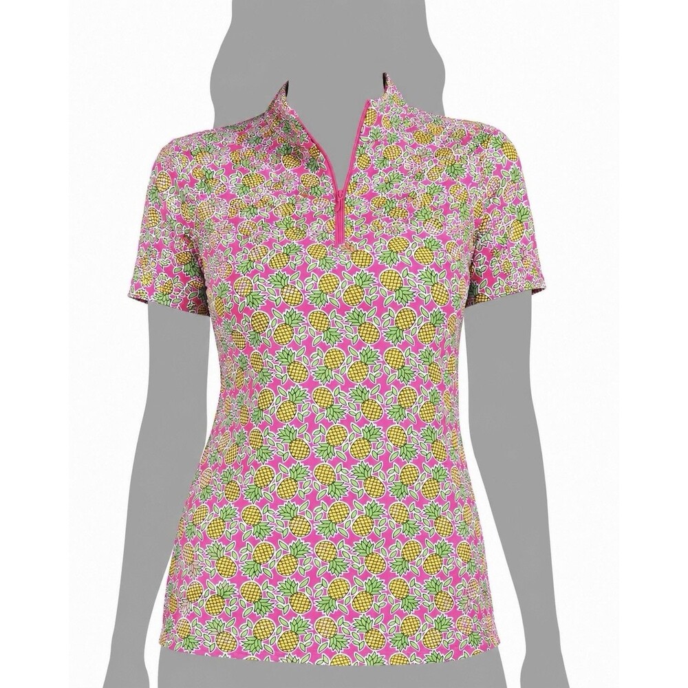 IBKUL CHANTAL HOT PINK LIME Short Sleeve Mock Golf Shirt UPF 50+ Size L - NWOT